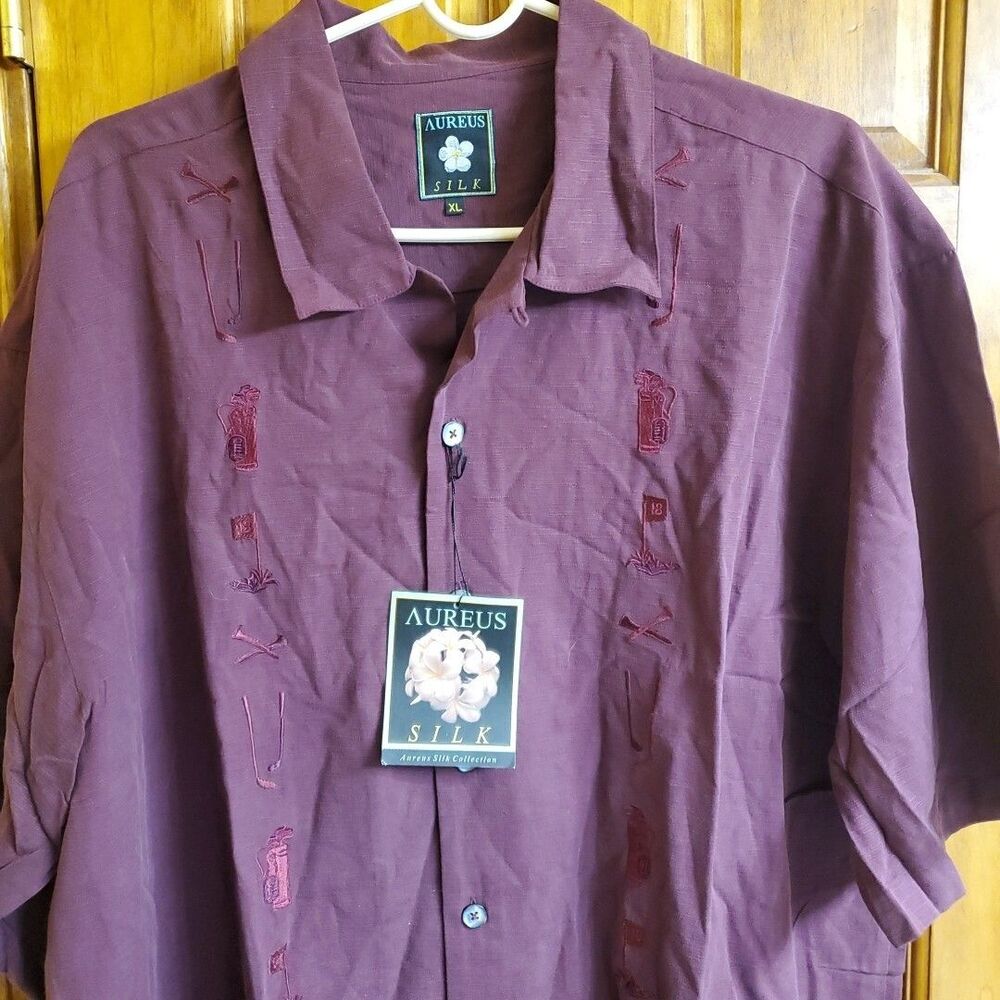 Aureus XL Shirt Mens Burgundy Silk Golf Embroidered Short Sleeve Button Down